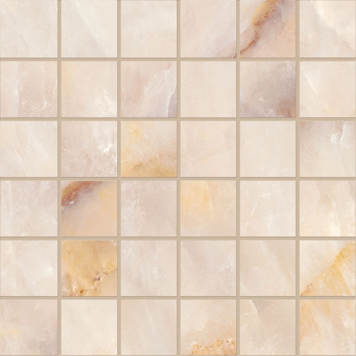 Tele di Marmo Crystal porcelain mosaic tile in Extra Pink, a grid of soft blush onyx-look squares with gold veining