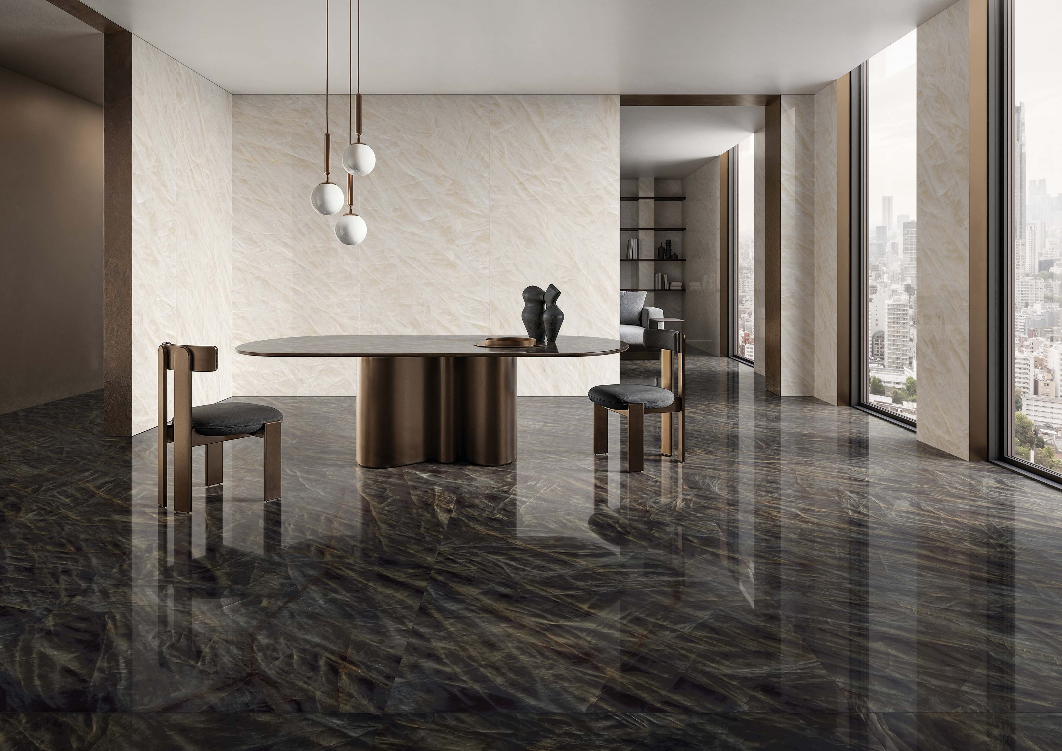 Tele di Marmo Crystal porcelain tile in Vitrum Black flooring a high-rise dining room with a Vitrum White feature wall