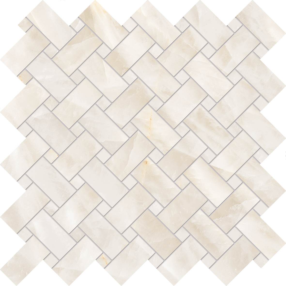 Tele di Marmo Crystal porcelain mosaic tile in Vitrum White, an Intrecci basketweave of bright crystal-white marble with feathery veining