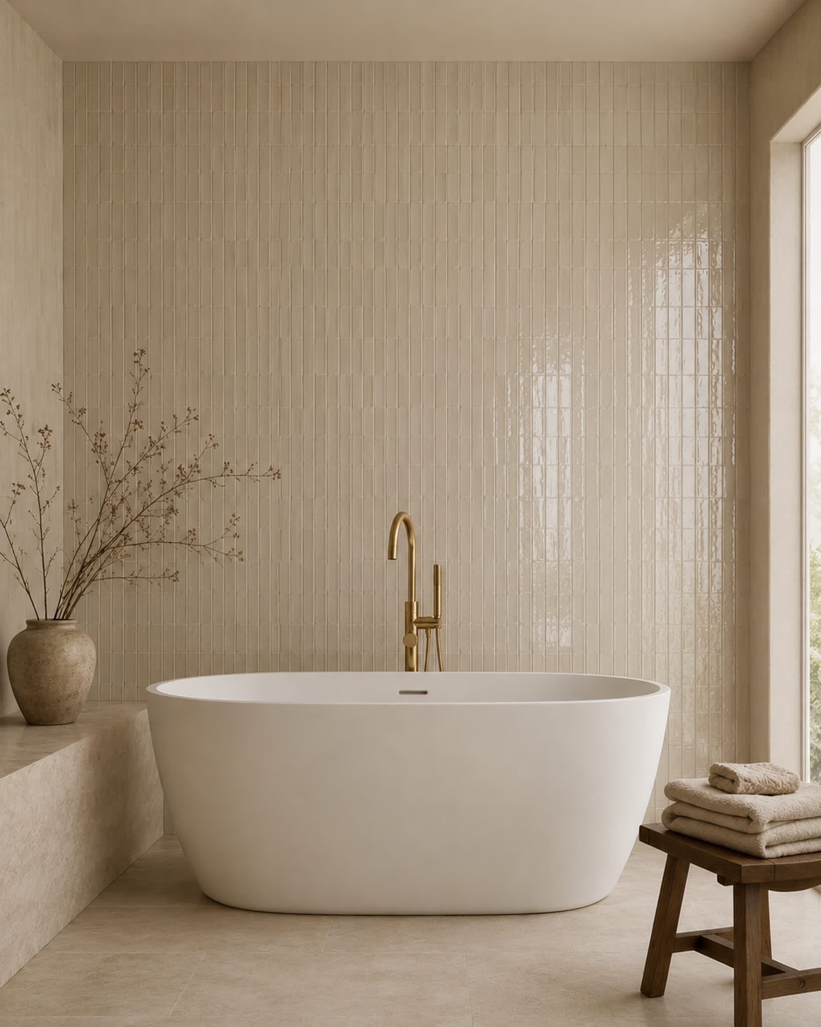 Ivory Vivid ceramic tile in a glossy stacked-vertical layout creates a feature wall in a bathroom with a freestanding tub