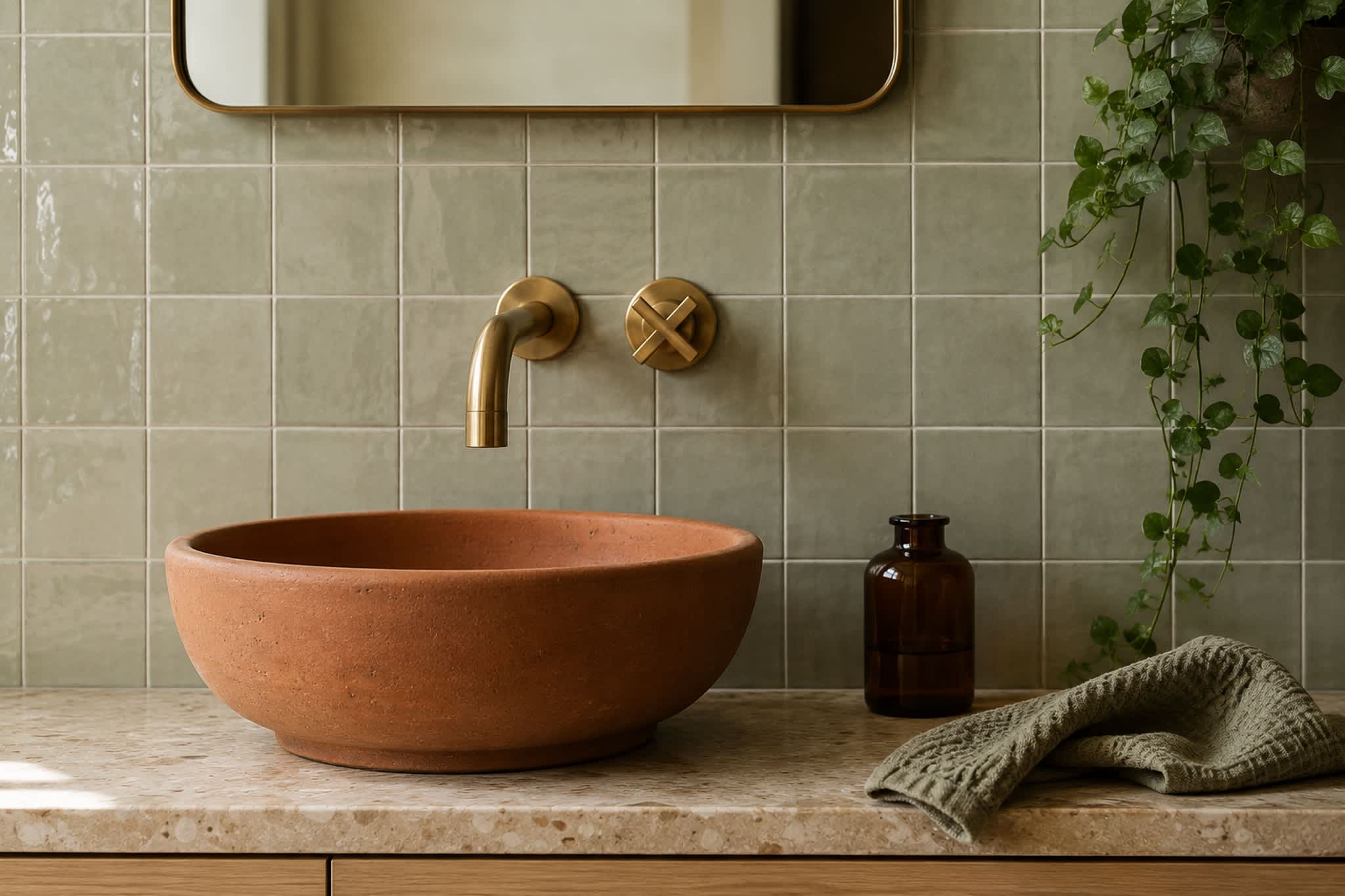 Glossy Sage Vivid ceramic tile wraps the wall behind a terracotta vessel sink in a bathroom